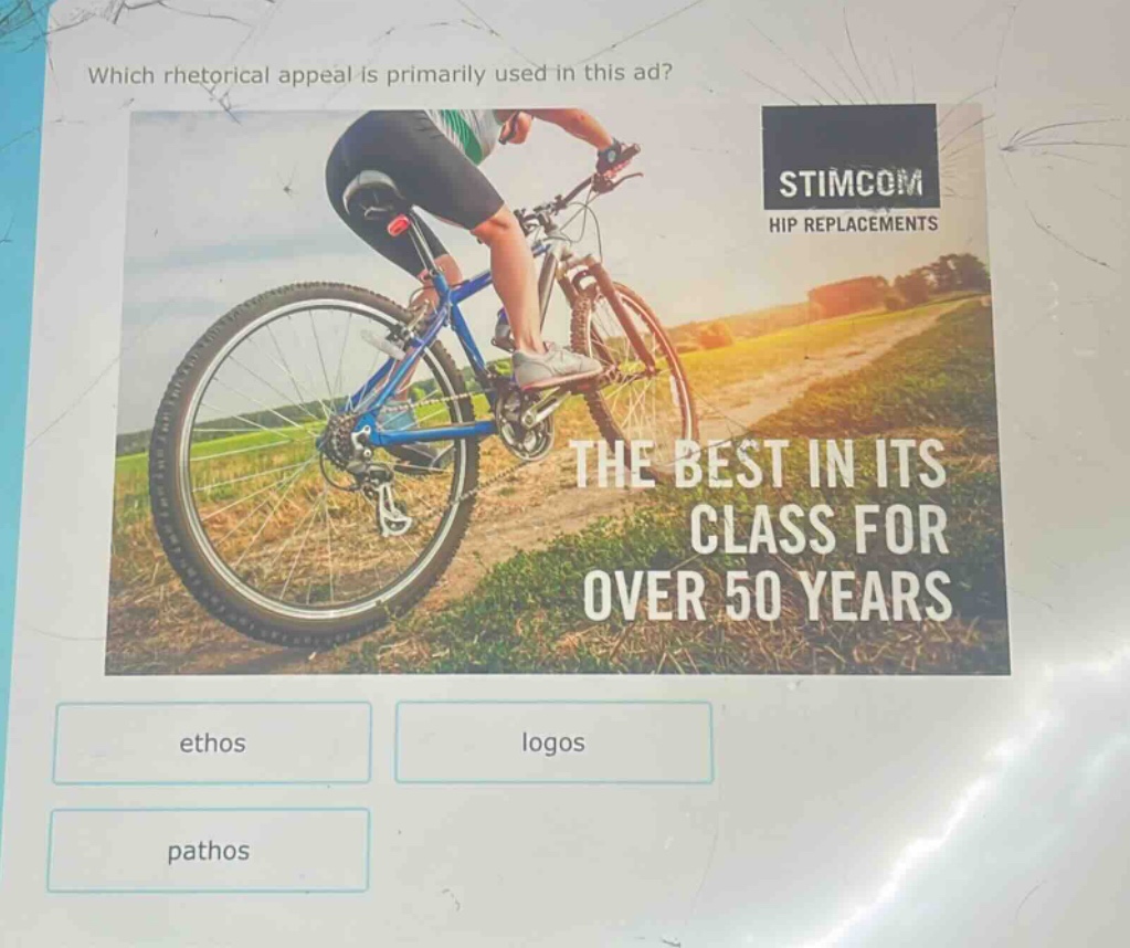 which rhetorical appeal is primarily used in this ad? stimcom hip replacements the best in its class for over 50 years ethos logos pathos