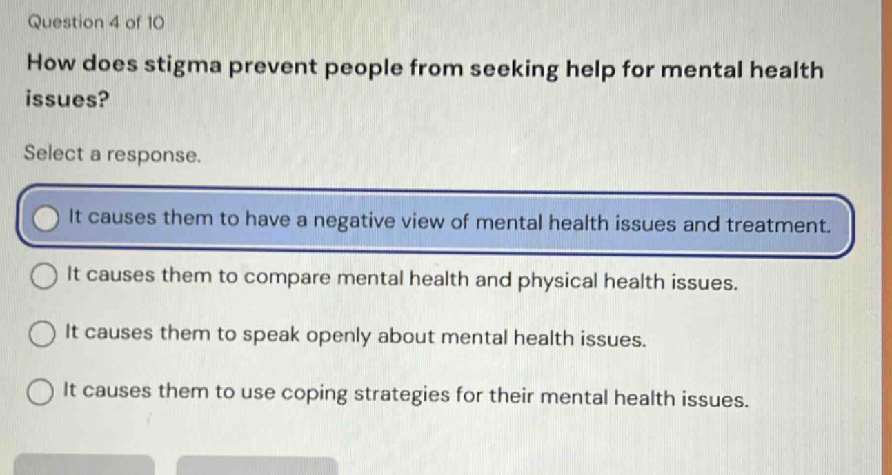 question 4 of 10 how does stigma prevent people from seeking help for mental health issues? select a response. it causes them to have a negative view of mental health issues and treatment. it causes them to compare mental health and physical health issues. it causes them to speak openly about mental health issues. it causes them to use coping strategies for their mental health issues.