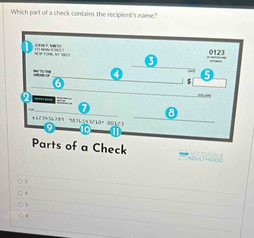 which part of a check contains the recipients name? parts of a check 3 4 5 8