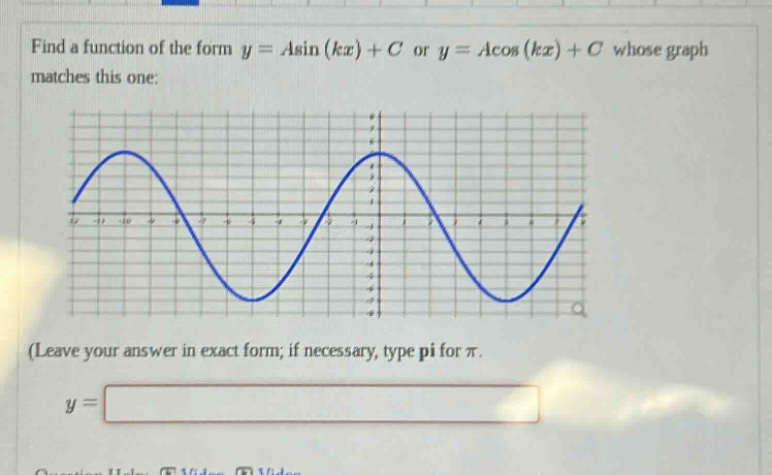find a function of the form y = asin(kx)+c or y = acos(kx)+c whose graph matches this one: (leave your answer in exact form; if necessary, type pi for π. y =