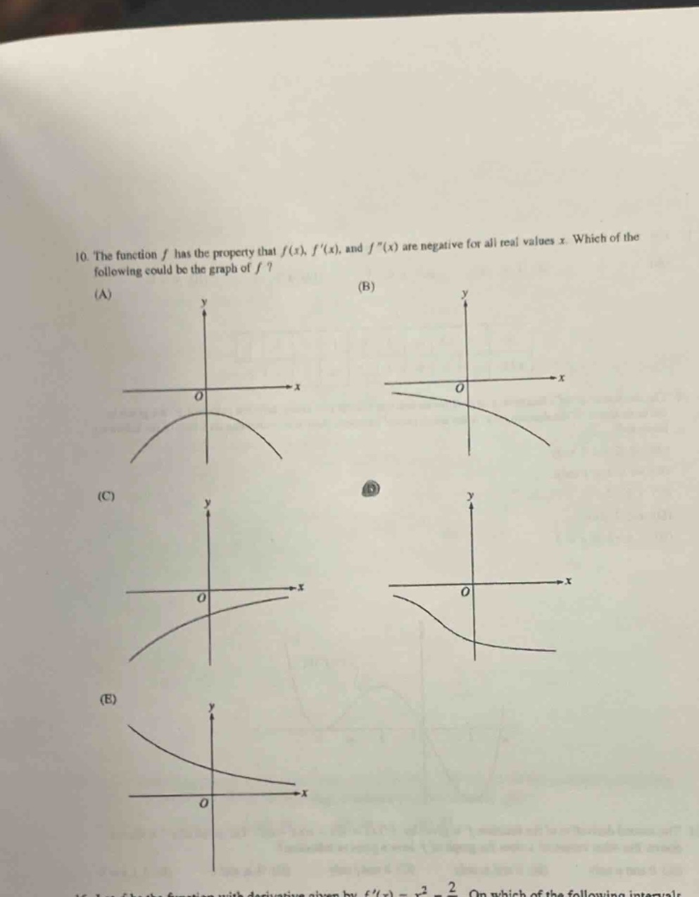 10. the function f has the property that f(x), f(x), and f(x) are negative for all real values x. which of the following could be the graph of f? (a) (b) (c) (d) (e)
