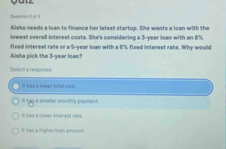 question 6 of 8 aisha needs a loan to finance her latest startup. she wants a loan with the lowest overall interest costs. shes considering a 3 - year loan with an 8% fixed interest rate or a 5 - year loan with a 6% fixed interest rate. why would aisha pick the 3 - year loan? select a response. it has a lower total cost. it has a smaller monthly payment. it has a lower interest rate. it has a higher loan amount.