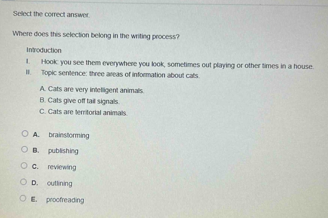 select the correct answer. where does this selection belong in the writing process? introduction i. hook: you see them everywhere you look, sometimes out playing or other times in a house. ii. topic sentence: three areas of information about cats. a. cats are very intelligent animals. b. cats give off tail signals. c. cats are territorial animals. a. brainstorming b. publishing c. reviewing d. outlining e. proofreading