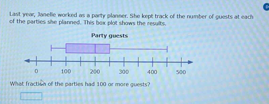 last year, janelle worked as a party planner. she kept track of the number of guests at each of the parties she planned. this box plot shows the results. party guests what fraction of the parties had 100 or more guests?
