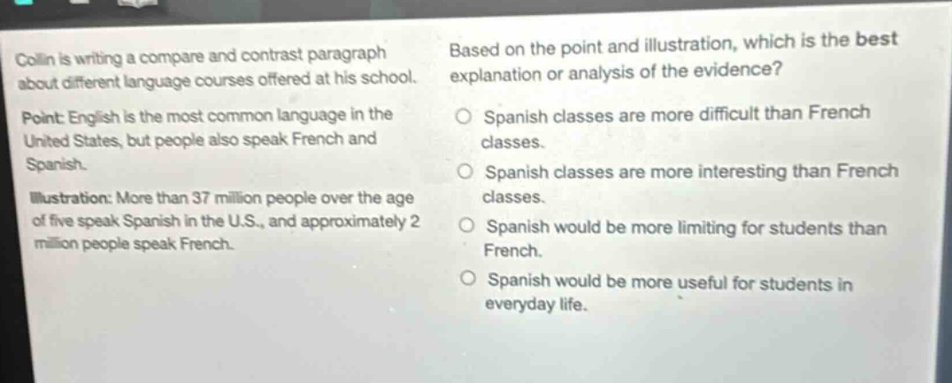 collin is writing a compare and contrast paragraph about different language courses offered at his school. point: english is the most common language in the united states, but people also speak french and spanish. illustration: more than 37 million people over the age of five speak spanish in the u.s., and approximately 2 million people speak french. based on the point and illustration, which is the best explanation or analysis of the evidence? spanish classes are more difficult than french classes. spanish classes are more interesting than french classes. spanish would be more limiting for students than french. spanish would be more useful for students in everyday life.