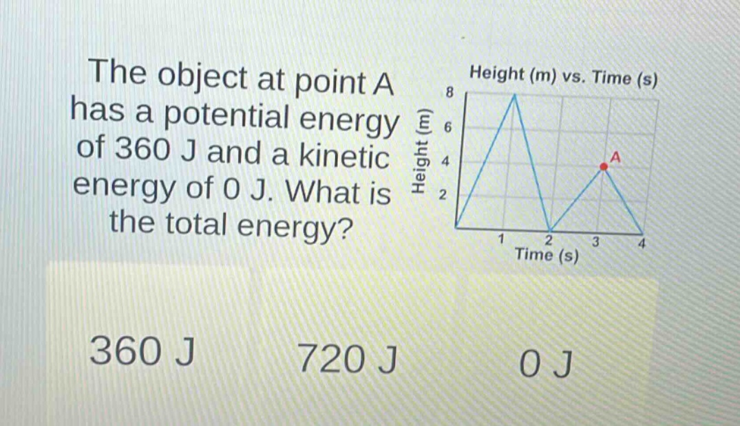 the object at point a has a potential energy of 360 j and a kinetic energy of 0 j. what is the total energy? 360 j 720 j 0 j