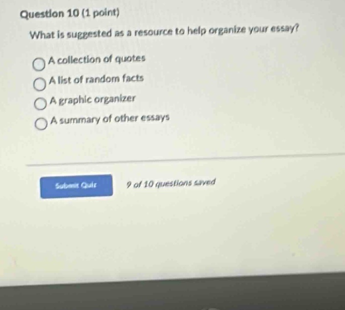 question 10 (1 point) what is suggested as a resource to help organize your essay? a collection of quotes a list of random facts a graphic organizer a summary of other essays submit quiz 9 of 10 questions saved