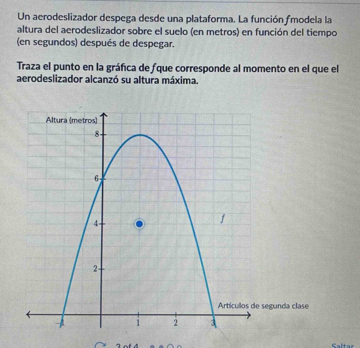 un aerodeslizador despega desde una plataforma. la función fmodela la altura del aerodeslizador sobre el suelo (en metros) en función del tiempo (en segundos) después de despegar. traza el punto en la gráfica de fque corresponde al momento en el que el aerodeslizador alcanzó su altura máxima.