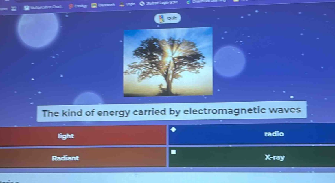 the kind of energy carried by electromagnetic waves light radio radiant x - ray