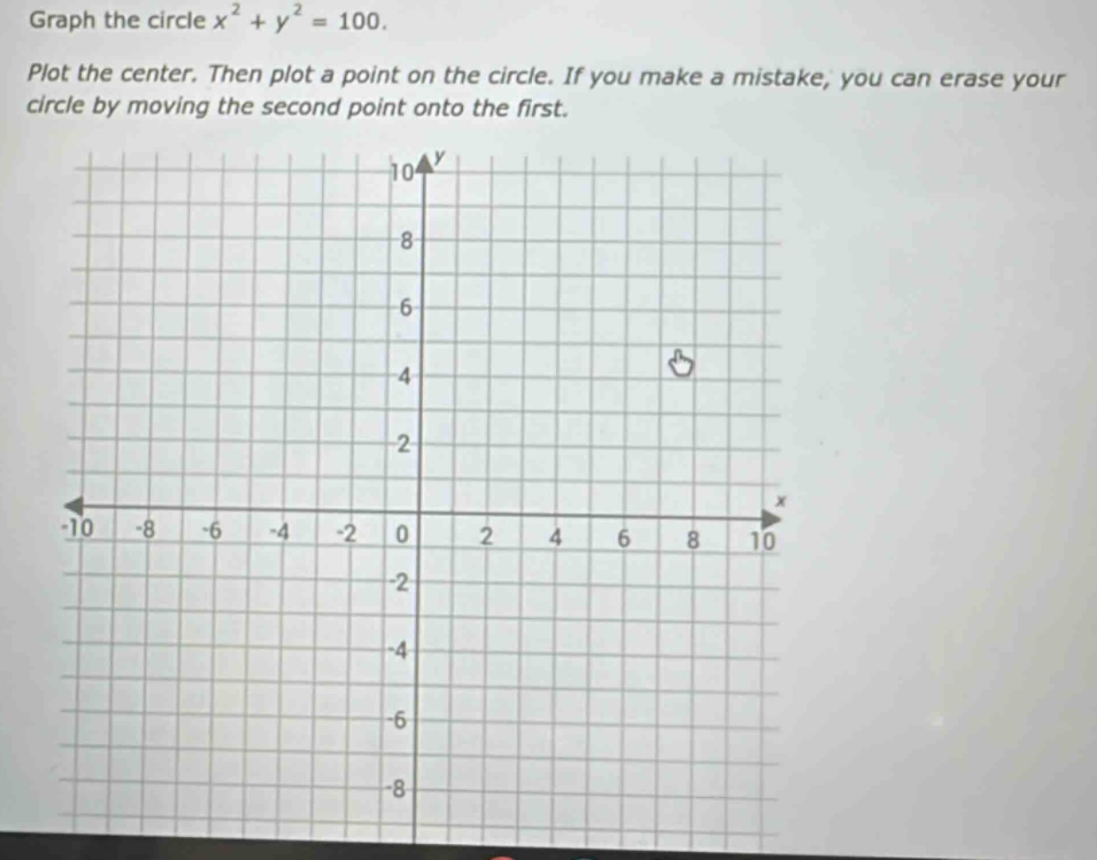 graph the circle x² + y² = 100. plot the center. then plot a point on the circle. if you make a mistake, you can erase your circle by moving the second point onto the first.