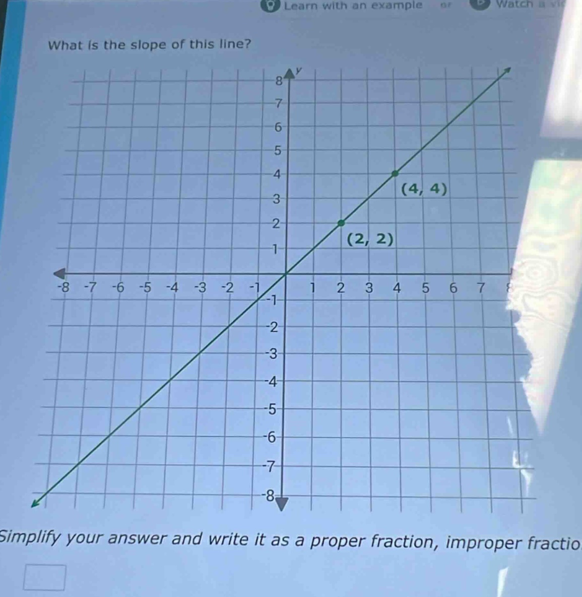 what is the slope of this line? simplify your answer and write it as a proper fraction, improper fraction