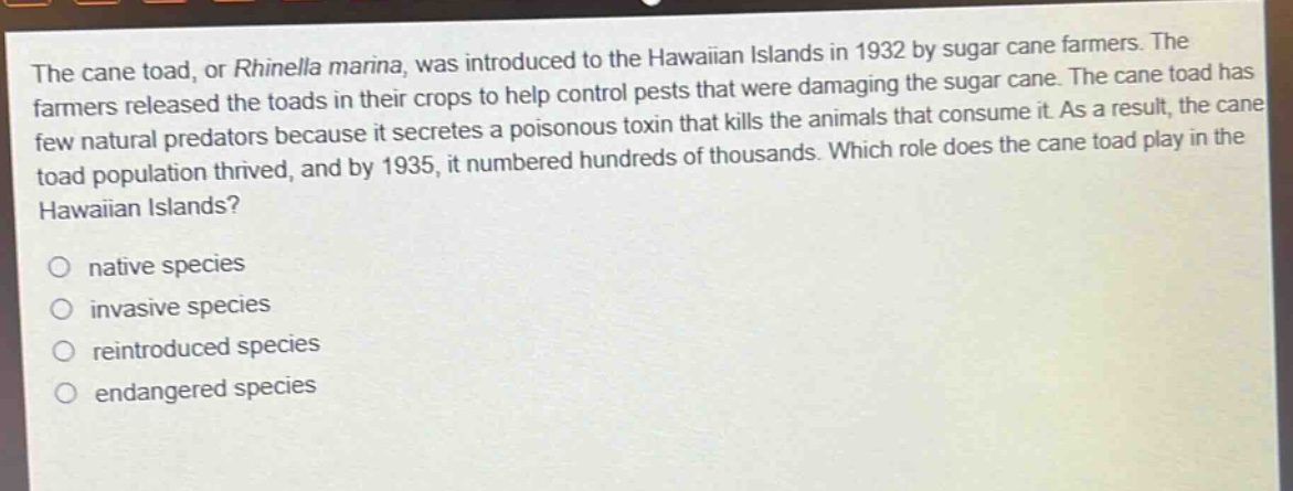 the cane toad, or rhinella marina, was introduced to the hawaiian islands in 1932 by sugar cane farmers. the farmers released the toads in their crops to help control pests that were damaging the sugar cane. the cane toad has few natural predators because it secretes a poisonous toxin that kills the animals that consume it. as a result, the cane toad population thrived, and by 1935, it numbered hundreds of thousands. which role does the cane toad play in the hawaiian islands? native species invasive species reintroduced species endangered species