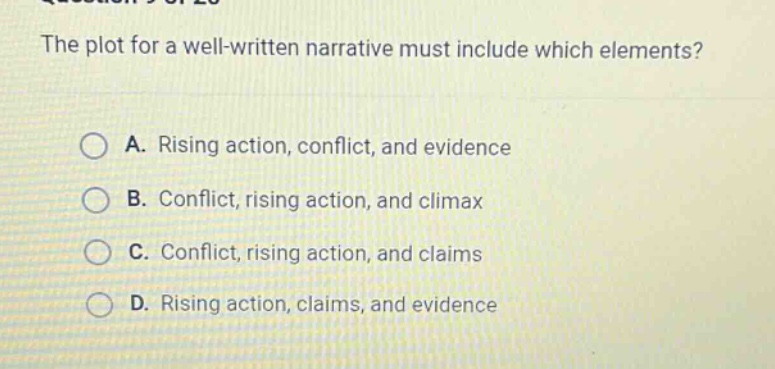 the plot for a well - written narrative must include which elements? a. rising action, conflict, and evidence b. conflict, rising action, and climax c. conflict, rising action, and claims d. rising action, claims, and evidence