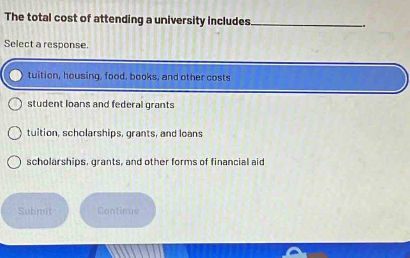 the total cost of attending a university includes_______. select a response. tuition, housing, food, books, and other costs student loans and federal grants tuition, scholarships, grants, and loans scholarships, grants, and other forms of financial aid
