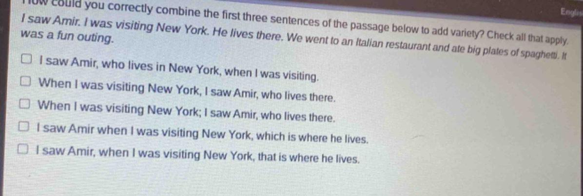 how could you correctly combine the first three sentences of the passage below to add variety? check all that apply. i saw amir. i was visiting new york. he lives there. we went to an italian restaurant and ate big plates of spaghetti. it was a fun outing. i saw amir, who lives in new york, when i was visiting. when i was visiting new york, i saw amir, who lives there. when i was visiting new york; i saw amir, who lives there. i saw amir when i was visiting new york, which is where he lives. i saw amir, when i was visiting new york, that is where he lives.