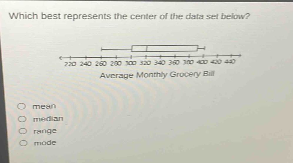 which best represents the center of the data set below? average monthly grocery bill mean median range mode