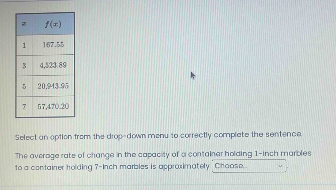 select an option from the drop - down menu to correctly complete the sentence. the average rate of change in the capacity of a container holding 1 - inch marbles to a container holding 7 - inch marbles is approximately choose...