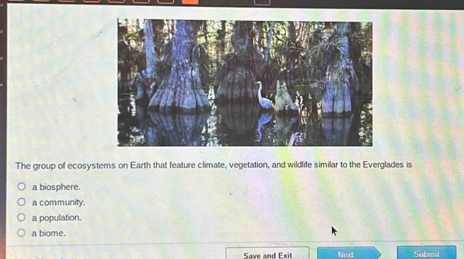 the group of ecosystems on earth that feature climate, vegetation, and wildlife similar to the everglades is\na biosphere.\na community.\na population.\na biome.
