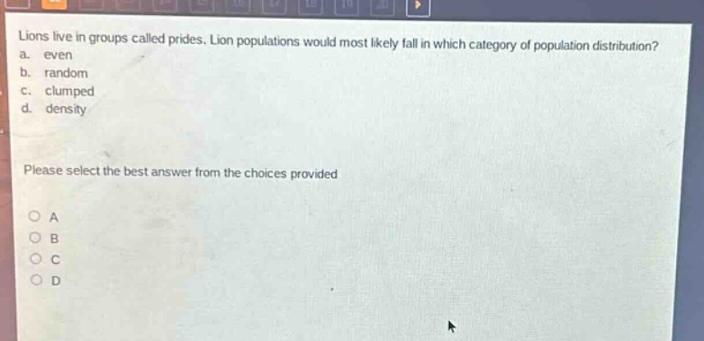 lions live in groups called prides. lion populations would most likely fall in which category of population distribution? a. even b. random c. clumped d. density please select the best answer from the choices provided a b c d