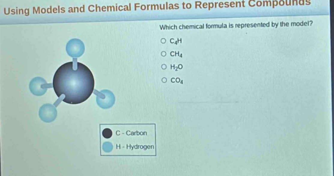 using models and chemical formulas to represent compounds which chemical formula is represented by the model? o c4h o ch4 o h2o o co4 c - carbon h - hydrogen