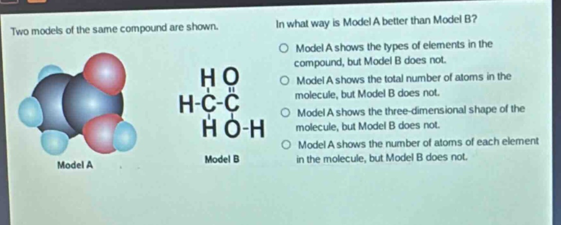 two models of the same compound are shown. in what way is model a better than model b? model a shows the types of elements in the compound, but model b does not. model a shows the total number of atoms in the molecule, but model b does not. model a shows the three - dimensional shape of the molecule, but model b does not. model a shows the number of atoms of each element in the molecule, but model b does not. model a model b