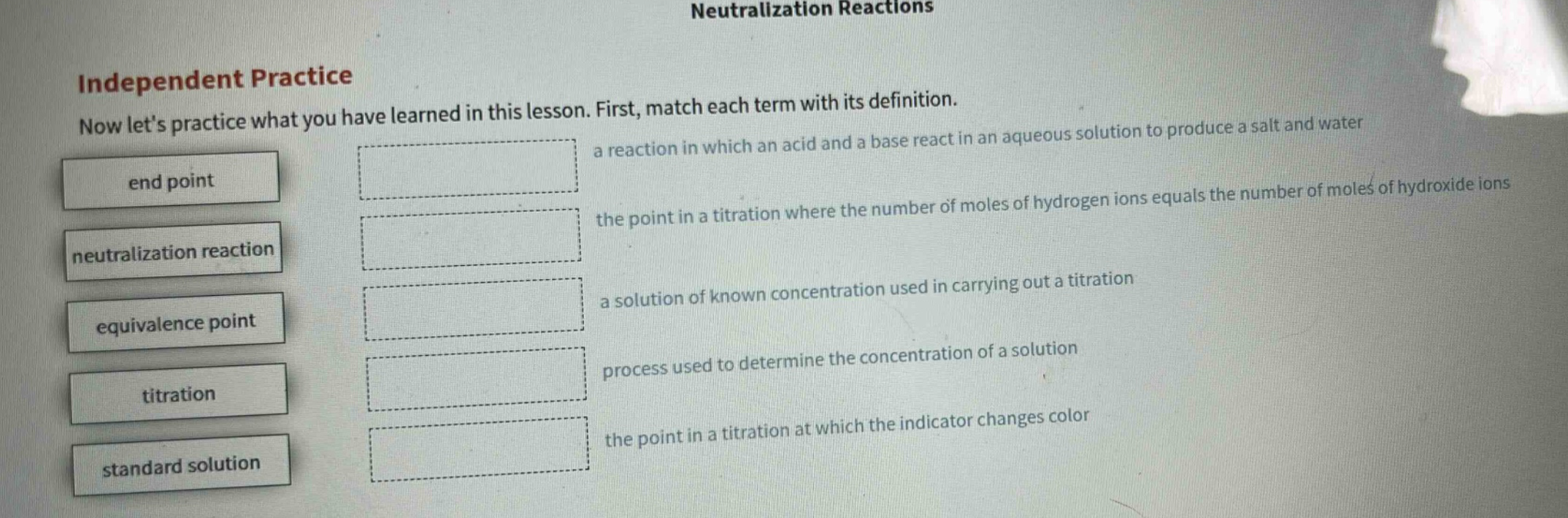 independent practice now lets practice what you have learned in this lesson. first, match each term with its definition. end point a reaction in which an acid and a base react in an aqueous solution to produce a salt and water neutralization reaction the point in a titration where the number of moles of hydrogen ions equals the number of moles of hydroxide ions equivalence point a solution of known concentration used in carrying out a titration titration process used to determine the concentration of a solution standard solution the point in a titration at which the indicator changes color
