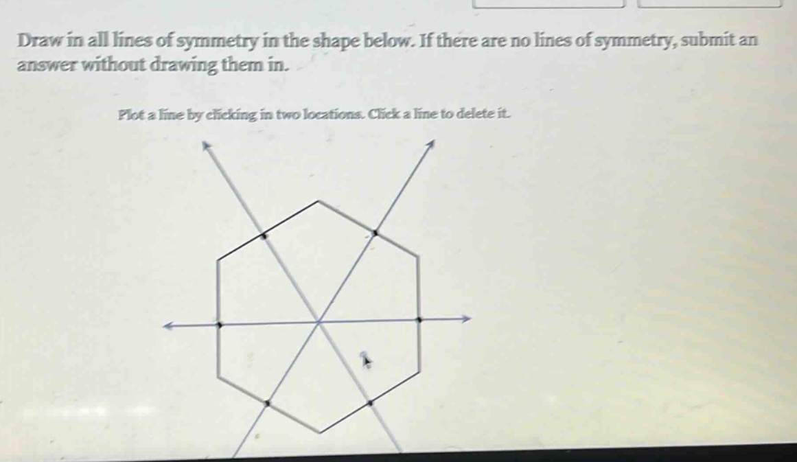 draw in all lines of symmetry in the shape below. if there are no lines of symmetry, submit an answer without drawing them in. plot a line by clicking in two locations. click a line to delete it.