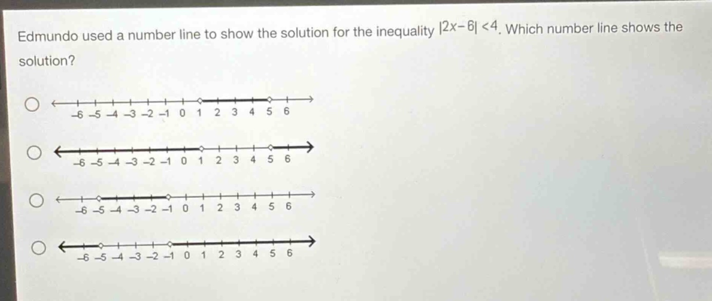 edmundo used a number line to show the solution for the inequality |2x - 6| < 4. which number line shows the solution?