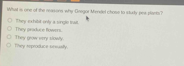 what is one of the reasons why gregor mendel chose to study pea plants? they exhibit only a single trait. they produce flowers. they grow very slowly. they reproduce sexually.