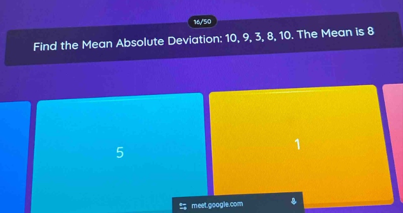 find the mean absolute deviation: 10, 9, 3, 8, 10. the mean is 8