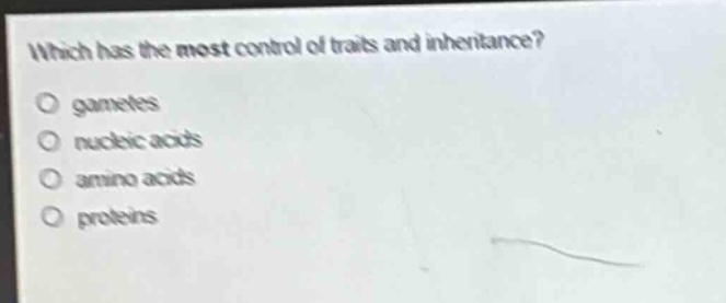 which has the most control of traits and inheritance?\no gametes\no nucleic acids\no amino acids\no proteins