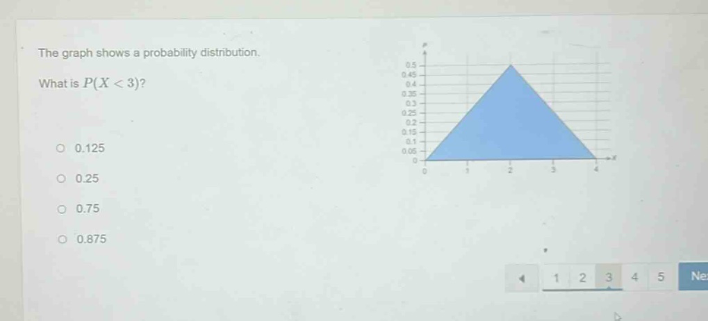 the graph shows a probability distribution. what is p(x < 3)? 0.125 0.25 0.75 0.875