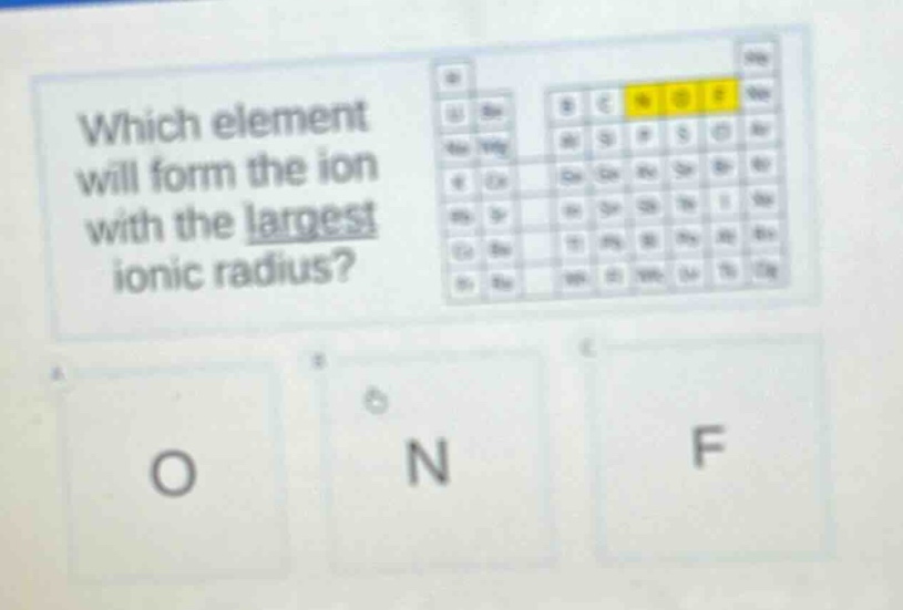 which element will form the ion with the largest ionic radius? a o b n c f