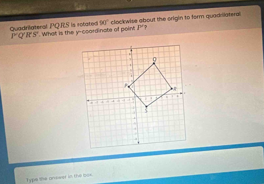 quadrilateral pqrs is rotated 90° clockwise about the origin to form quadrilateral pqrs. what is the y - coordinate of point p? type the answer in the box.