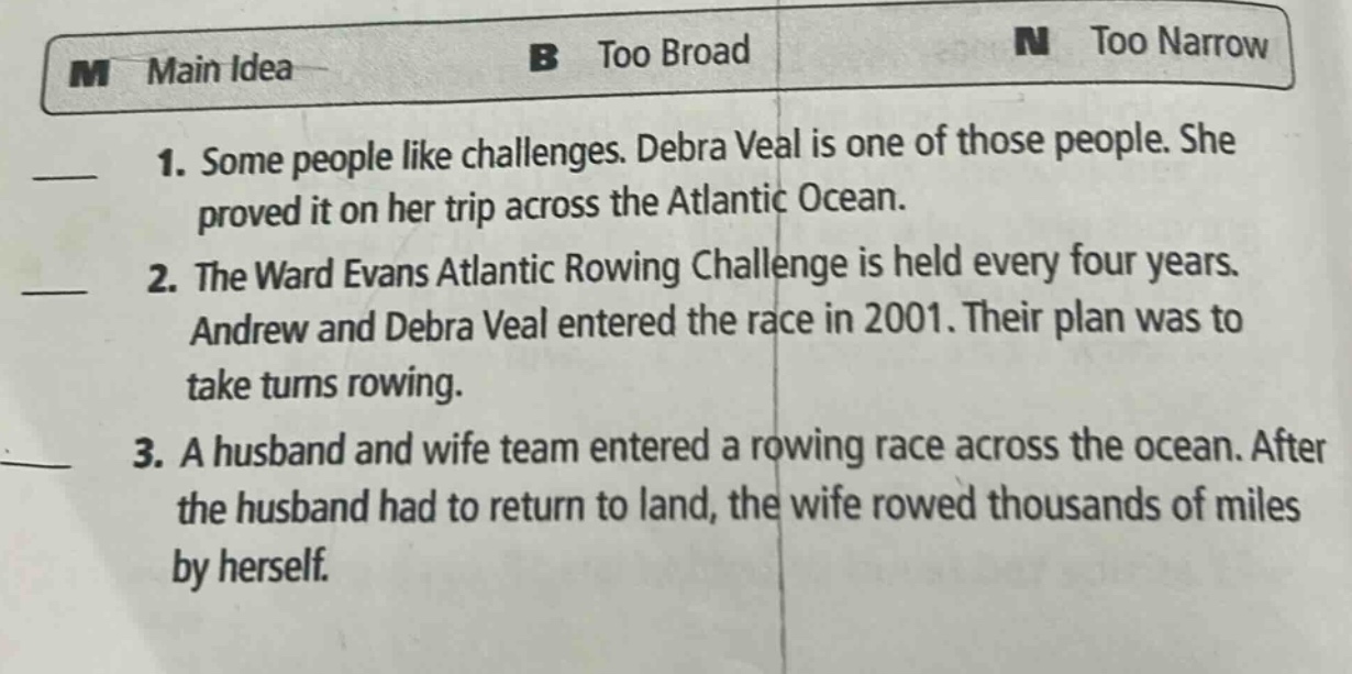 1. some people like challenges. debra veal is one of those people. she proved it on her trip across the atlantic ocean.\n2. the ward evans atlantic rowing challenge is held every four years. andrew and debra veal entered the race in 2001. their plan was to take turns rowing.\n3. a husband and wife team entered a rowing race across the ocean. after the husband had to return to land, the wife rowed thousands of miles by herself.