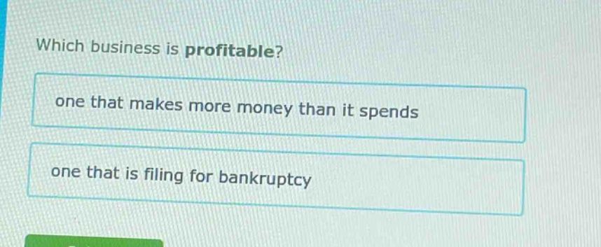 which business is profitable? one that makes more money than it spends one that is filing for bankruptcy