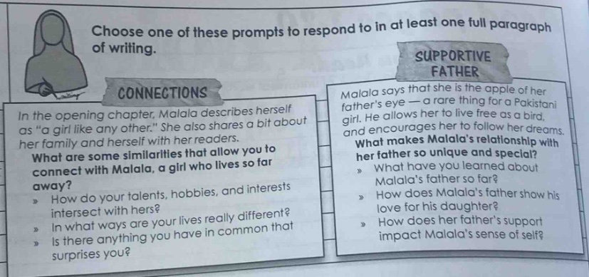 choose one of these prompts to respond to in at least one full paragraph of writing. connections in the opening chapter, malala describes herself as “a girl like any other.” she also shares a bit about her family and herself with her readers. what are some similarities that allow you to connect with malala, a girl who lives so far away? how do your talents, hobbies, and interests intersect with hers? in what ways are your lives really different? is there anything you have in common that surprises you? supportive father malala says that she is the apple of her father’s eye — a rare thing for a pakistani girl. he allows her to live free as a bird, and encourages her to follow her dreams. what makes malala’s relationship with her father so unique and special? what have you learned about malala’s father so far? how does malala’s father show his love for his daughter? how does her father’s support impact malala’s sense of self?
