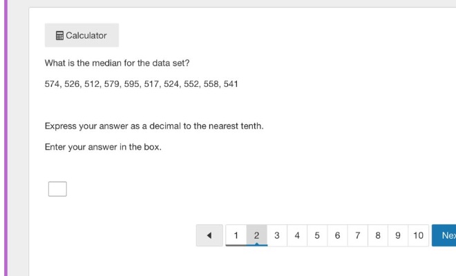 what is the median for the data set? 574, 526, 512, 579, 595, 517, 524, 552, 558, 541. express your answer as a decimal to the nearest tenth. enter your answer in the box.