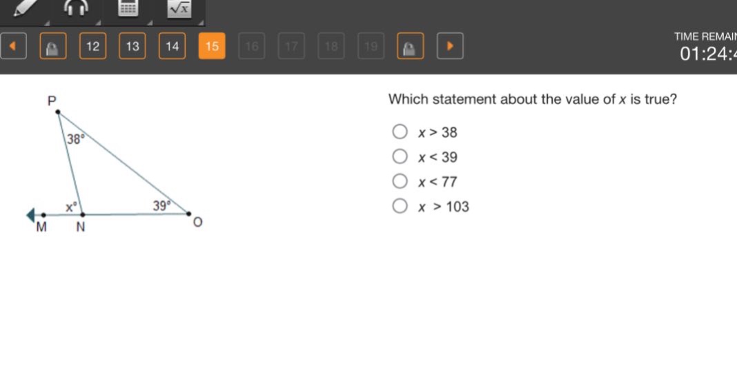 which statement about the value of x is true? x > 38 x < 39 x < 77 x > 103