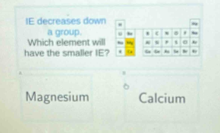 ie decreases down a group. which element will have the smaller ie? magnesium calcium