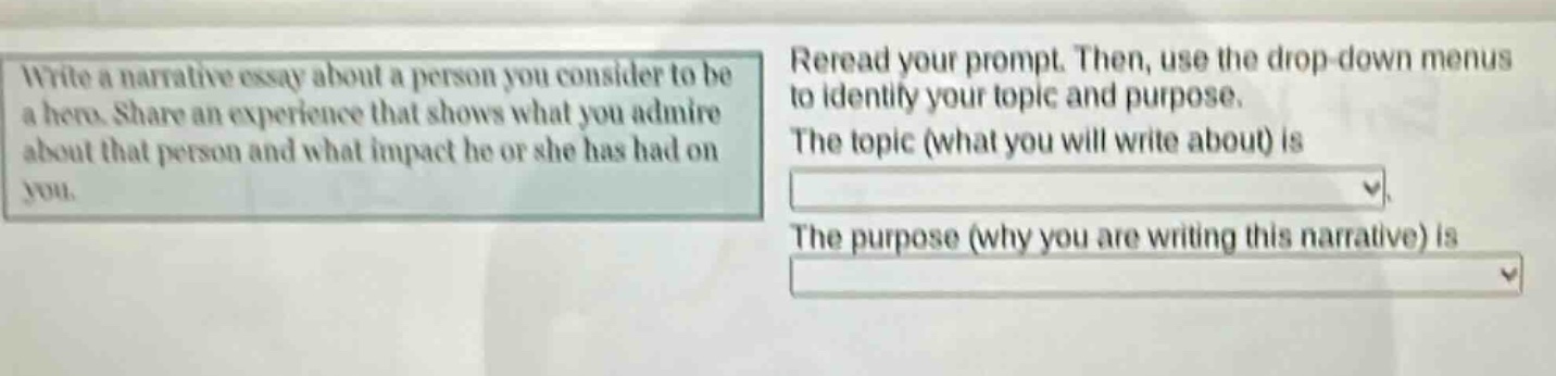 write a narrative essay about a person you consider to be a hero. share an experience that shows what you admire about that person and what impact he or she has had on you. reread your prompt. then, use the drop - down menus to identify your topic and purpose. the topic (what you will write about) is dropdown. the purpose (why you are writing this narrative) is dropdown.