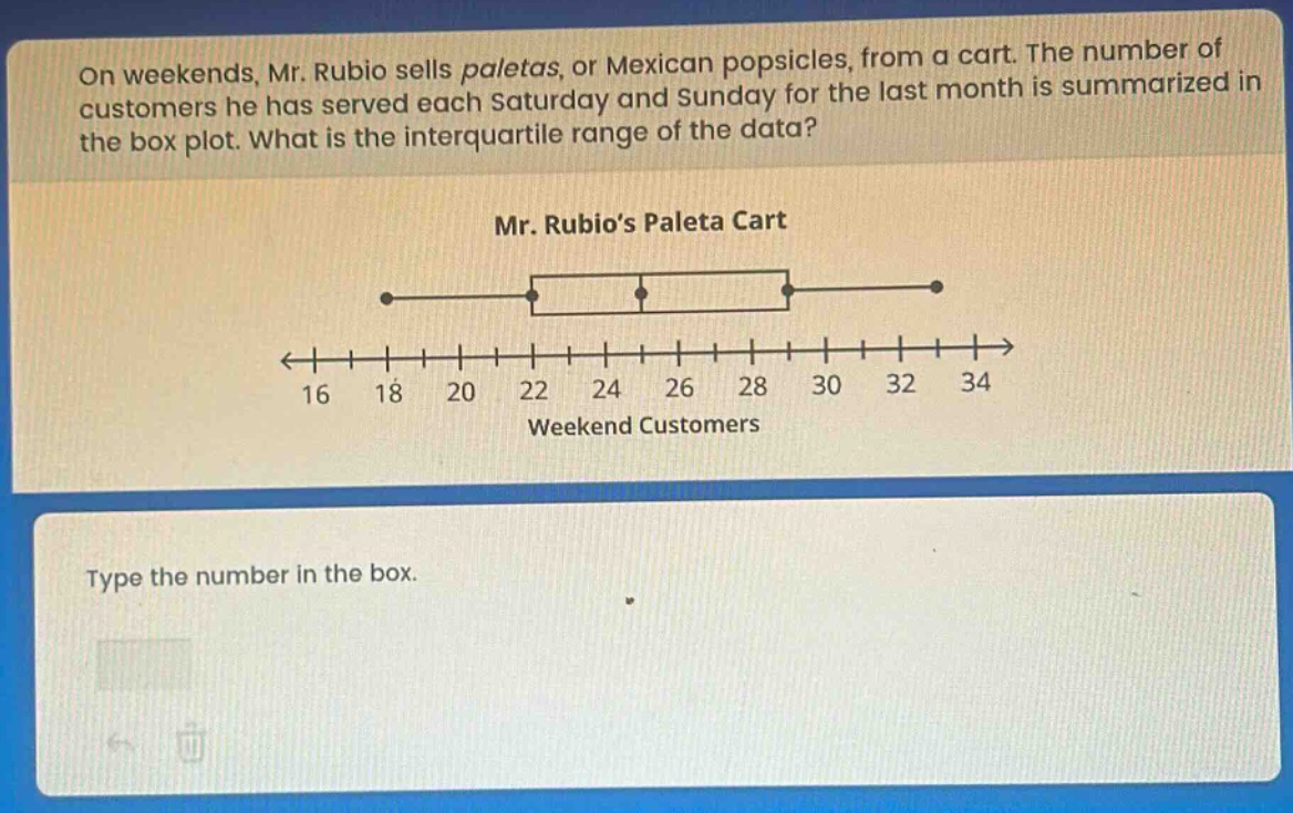 on weekends, mr. rubio sells paletas, or mexican popsicles, from a cart. the number of customers he has served each saturday and sunday for the last month is summarized in the box plot. what is the interquartile range of the data? mr. rubio’s paleta cart weekend customers type the number in the box.
