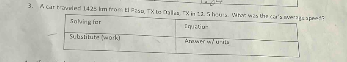 3. a car traveled 1425 km from el paso, tx to dallas, tx in 12.5 hours. what was the cars average speed? solving for equation substitute (work) answer w/ units