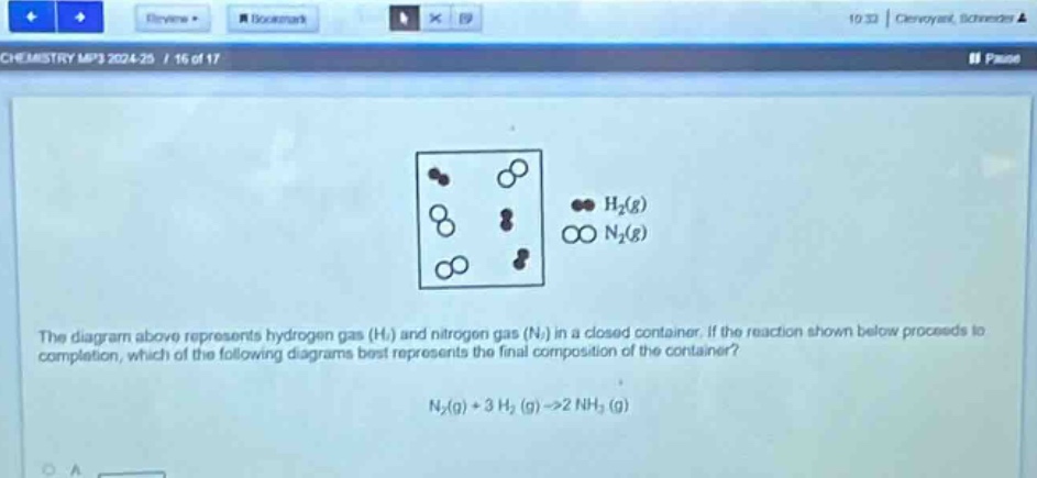 the diagram above represents hydrogen gas (h₂) and nitrogen gas (n₂) in a closed container. if the reaction shown below proceeds to completion, which of the following diagrams best represents the final composition of the container? n₂(g) + 3 h₂ (g) ->2 nh₃ (g)