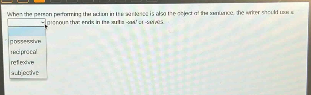when the person performing the action in the sentence is also the object of the sentence, the writer should use a pronoun that ends in the suffix -self or -selves. possessive reciprocal reflexive subjective