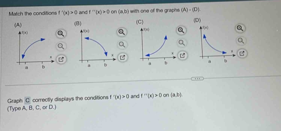 match the conditions f (x)>0 and f (x)>0 on (a,b) with one of the graphs (a) - (d). (a) (b) (c) (d) graph c correctly displays the conditions f (x)>0 and f (x)>0 on (a,b). (type a, b, c, or d.)