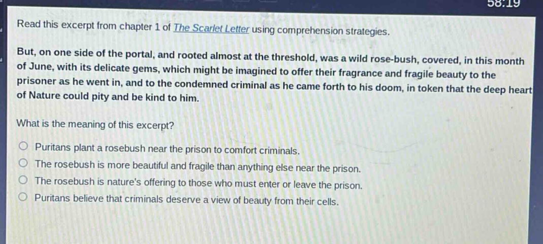 read this excerpt from chapter 1 of the scarlet letter using comprehension strategies. but, on one side of the portal, and rooted almost at the threshold, was a wild rose - bush, covered, in this month of june, with its delicate gems, which might be imagined to offer their fragrance and fragile beauty to the prisoner as he went in, and to the condemned criminal as he came forth to his doom, in token that the deep heart of nature could pity and be kind to him. what is the meaning of this excerpt? puritans plant a rosebush near the prison to comfort criminals. the rosebush is more beautiful and fragile than anything else near the prison. the rosebush is natures offering to those who must enter or leave the prison. puritans believe that criminals deserve a view of beauty from their cells.