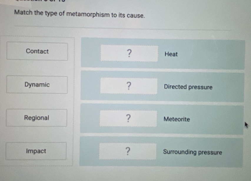 match the type of metamorphism to its cause. contact? heat dynamic? directed pressure regional? meteorite impact? surrounding pressure