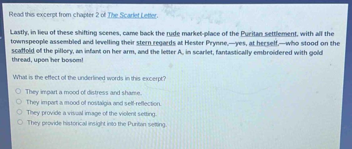 read this excerpt from chapter 2 of the scarlet letter. lastly, in lieu of these shifting scenes, came back the rude market - place of the puritan settlement, with all the townspeople assembled and levelling their stern regards at hester prynne,—yes, at herself,—who stood on the scaffold of the pillory, an infant on her arm, and the letter a, in scarlet, fantastically embroidered with gold thread, upon her bosom! what is the effect of the underlined words in this excerpt? they impart a mood of distress and shame. they impart a mood of nostalgia and self - reflection. they provide a visual image of the violent setting. they provide historical insight into the puritan setting.