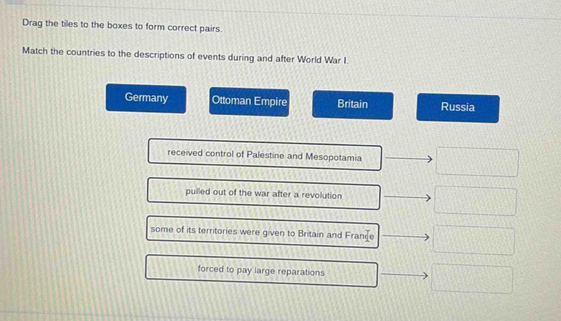 drag the tiles to the boxes to form correct pairs. match the countries to the descriptions of events during and after world war i. germany ottoman empire britain russia received control of palestine and mesopotamia pulled out of the war after a revolution some of its territories were given to britain and france forced to pay large reparations